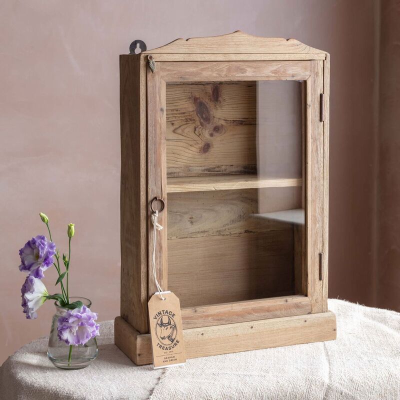 Vintage Small Natural Wooden Wall Showcase Cabinet