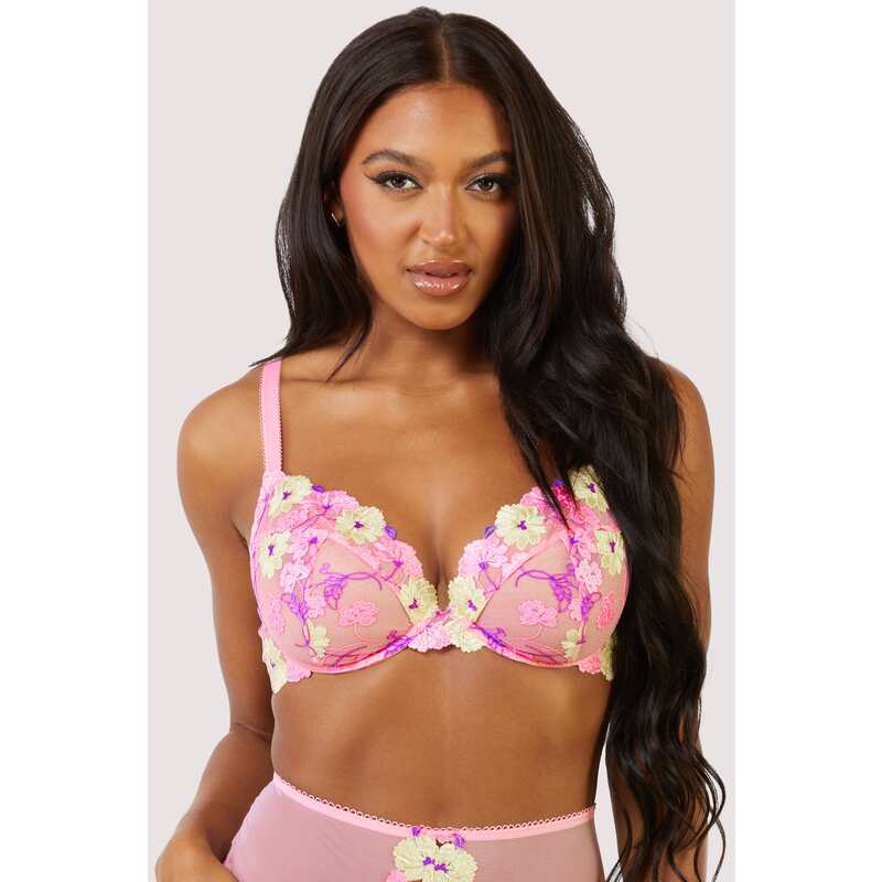 Alicia Black and Pink Embroidered Plunge Bra