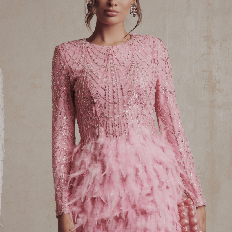 SELENE Embellished Feather Mini Dress In Pink