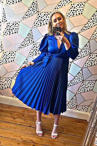 Closet London Blue Long Sleeve Pleated Wrap Midi Dress