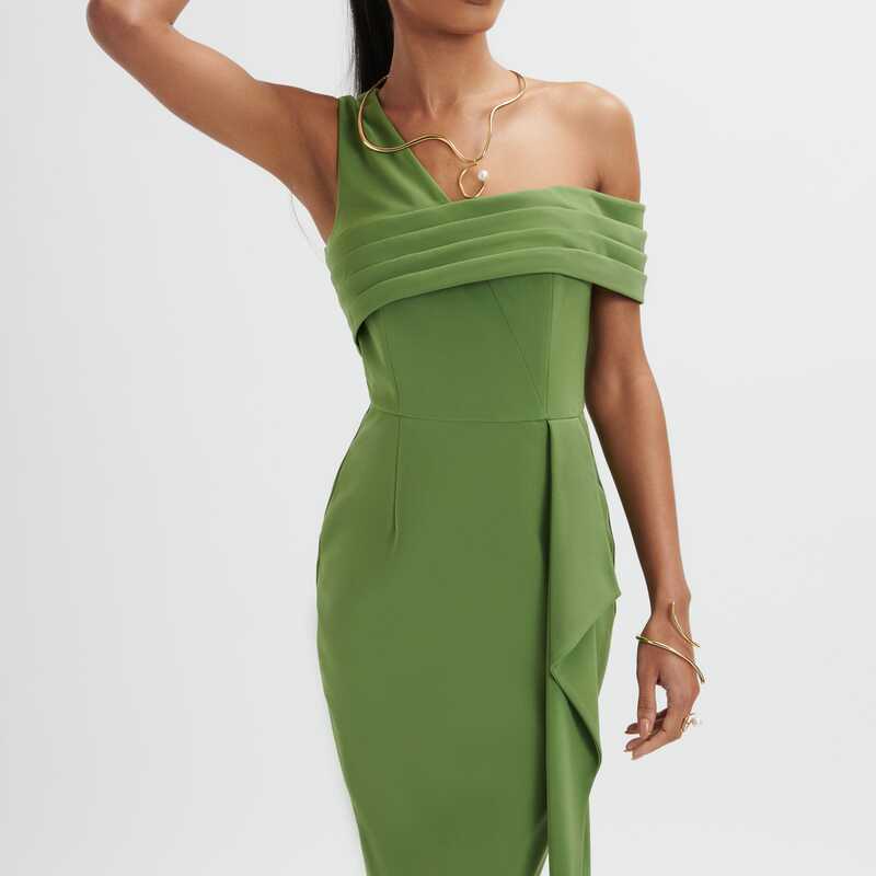HANNAH Pleated Asymmetric Off Shoulder Midi Dress In Green