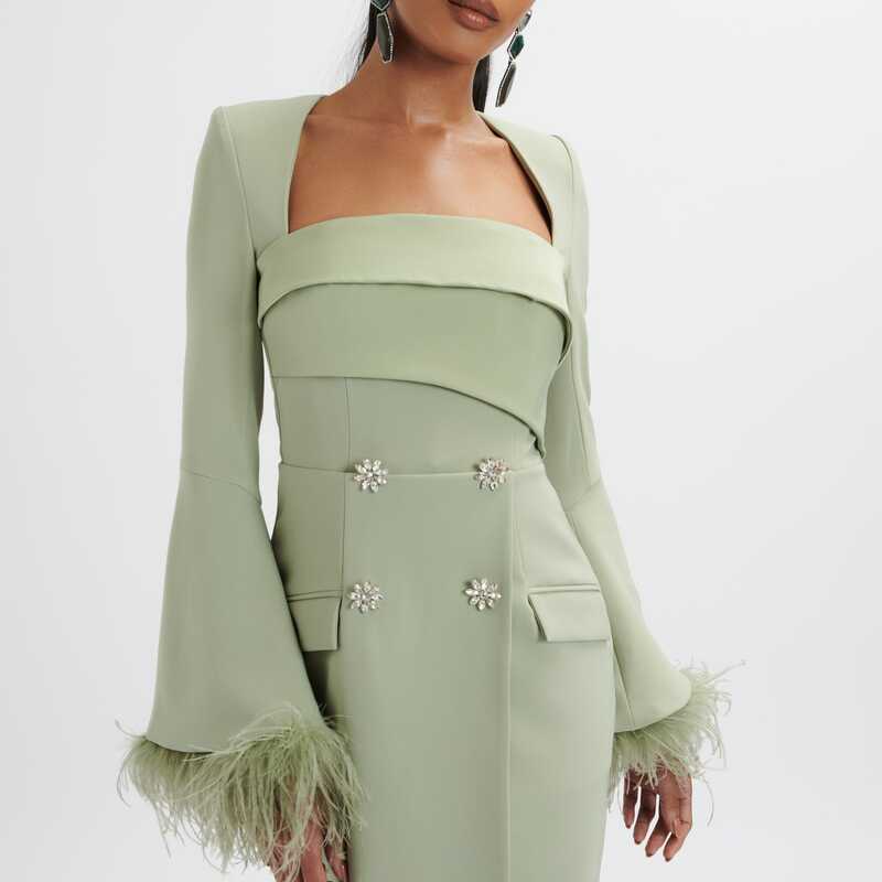 IONA Fluted Feather Sleeve Blazer Dress In Sage Green