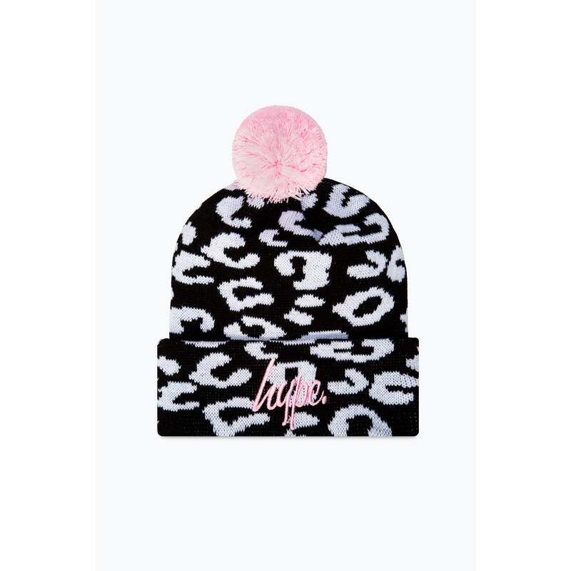 HYPE BLACK CHEETAH KNITTED POM POM BEANIE