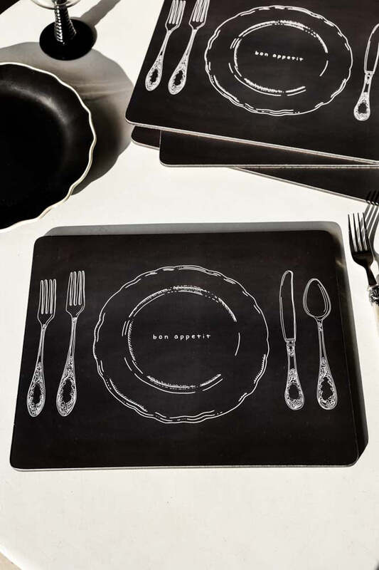 Set Of 4 Black Bon Appetit Place Setting Placemats