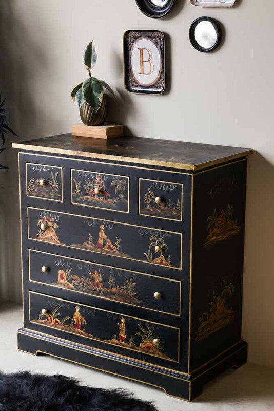 Black Chinoiserie-style Deco 6 Drawer Chest