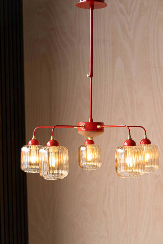 Red Metal & Ribbed Glass Ceiling Light