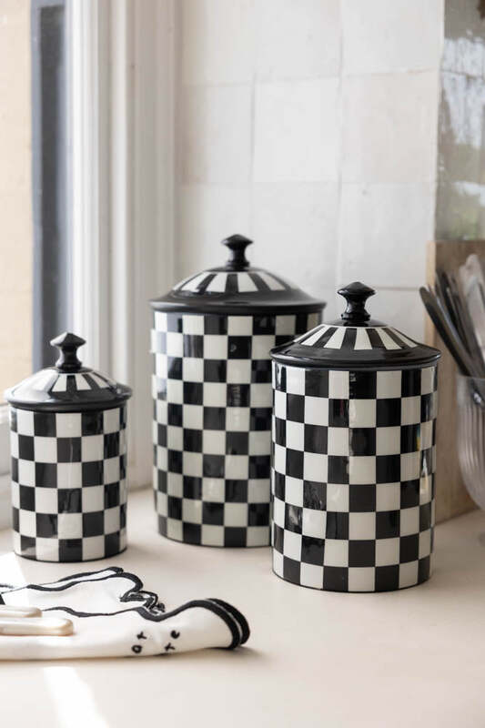 Set Of 3 Enamel Black & White Check Tins