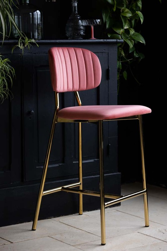 Coral Pink Velvet Bar Stool With Gold Legs