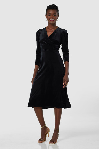 Closet London Black Velvet Wrap A-line Dress