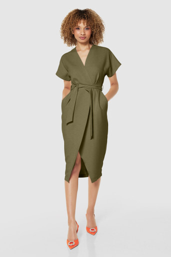 Closet London Olive Green Kimono Sleeves Wrap Midi Dress