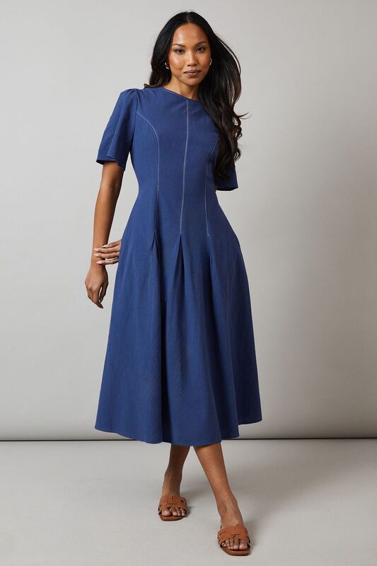 Royal Blue Seam Detail Inserted Pleat Detail Midi Dress